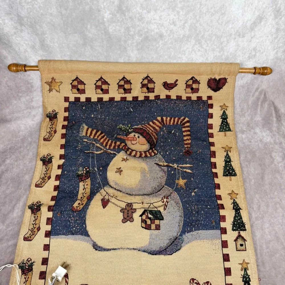 Sandi Gore Evans Peppermint Hill Lighted Woven Tapestry Wall Hanging Snowman 35